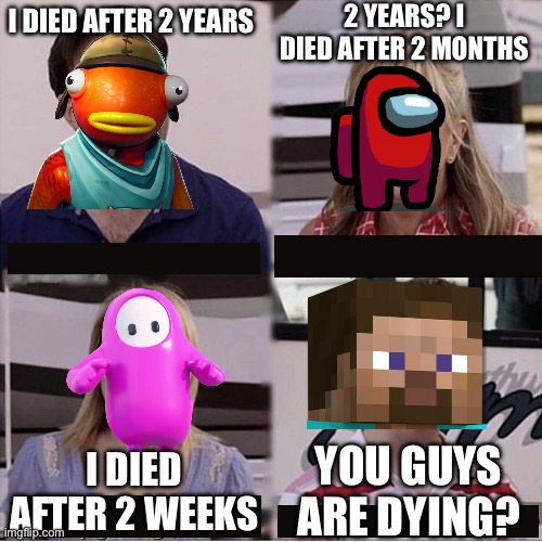 Dead | 2 YEARS? I DIED AFTER 2 MONTHS; I DIED AFTER 2 YEARS; YOU GUYS ARE DYING? I DIED AFTER 2 WEEKS | image tagged in you guys are getting paid template | made w/ Imgflip meme maker