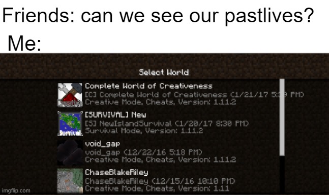 true tho | Friends: can we see our pastlives? Me: | image tagged in minecraft,die,fun,pastlives,sus,i wonder | made w/ Imgflip meme maker