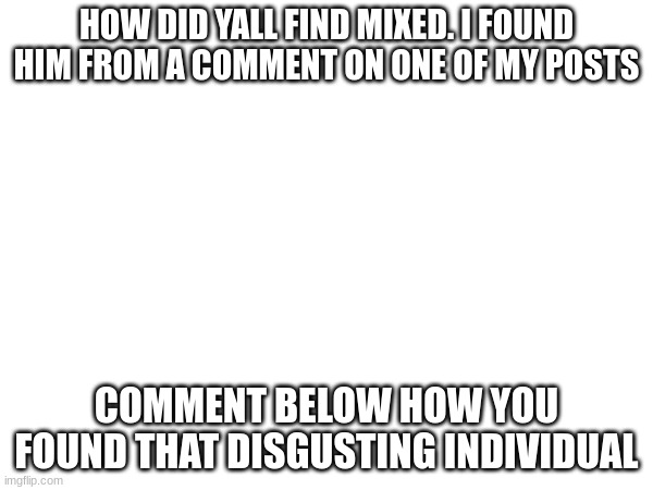 i just came back to this site not long ago btw | HOW DID YALL FIND MIXED. I FOUND HIM FROM A COMMENT ON ONE OF MY POSTS; COMMENT BELOW HOW YOU FOUND THAT DISGUSTING INDIVIDUAL | image tagged in questions | made w/ Imgflip meme maker