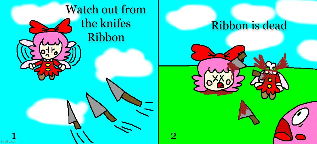 Ribbon dies comic #2 | image tagged in kirby,gore,blood,funny,cute,comics/cartoons | made w/ Imgflip meme maker