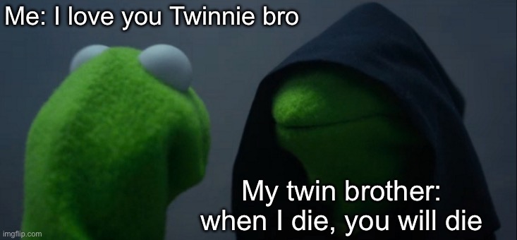 Psychopathic evil twin | Me: I love you Twinnie bro; My twin brother: when I die, you will die | image tagged in memes,evil kermit,twins | made w/ Imgflip meme maker
