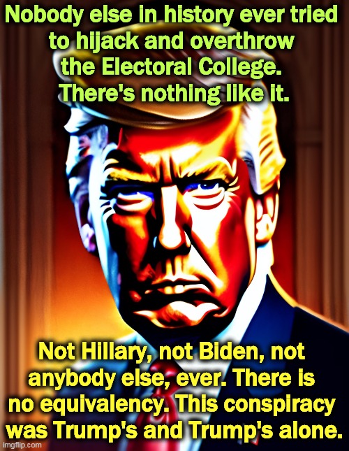 Nobody else EVER did what Trump did. | Nobody else in history ever tried 
to hijack and overthrow 
the Electoral College. 
There's nothing like it. Not Hillary, not Biden, not 
anybody else, ever. There is 
no equivalency. This conspiracy 
was Trump's and Trump's alone. | image tagged in trump,electoral college,hijack,conspiracy,unique | made w/ Imgflip meme maker