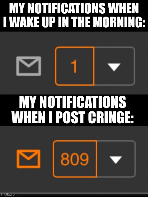 1 notification vs. 809 notifications with message | MY NOTIFICATIONS WHEN I WAKE UP IN THE MORNING:; MY NOTIFICATIONS WHEN I POST CRINGE: | image tagged in 1 notification vs 809 notifications with message | made w/ Imgflip meme maker