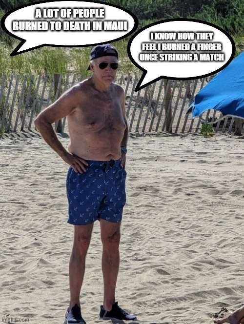 Joe Biden beach | A LOT OF PEOPLE BURNED TO DEATH IN MAUI; I KNOW HOW THEY FEEL I BURNED A FINGER ONCE STRIKING A MATCH | image tagged in joe biden beach | made w/ Imgflip meme maker