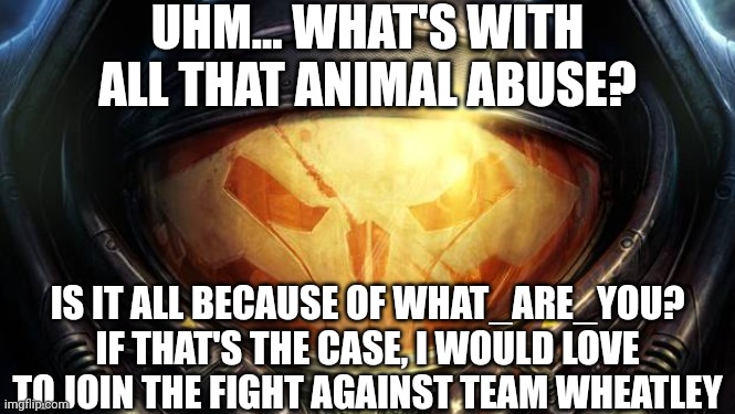 Just say the word and im all in | UHM... WHAT'S WITH ALL THAT ANIMAL ABUSE? IS IT ALL BECAUSE OF WHAT_ARE_YOU?
IF THAT'S THE CASE, I WOULD LOVE TO JOIN THE FIGHT AGAINST TEAM WHEATLEY | made w/ Imgflip meme maker