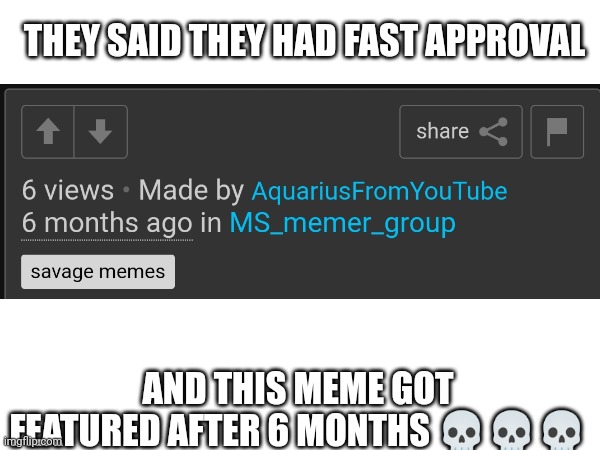 Nah ? | THEY SAID THEY HAD FAST APPROVAL; AND THIS MEME GOT FEATURED AFTER 6 MONTHS 💀💀💀 | made w/ Imgflip meme maker