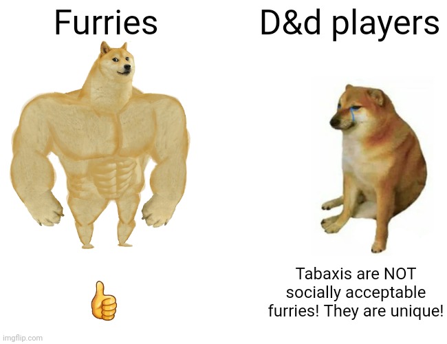 Buff Doge vs. Cheems Meme | Furries; D&d players; Tabaxis are NOT socially acceptable furries! They are unique! 👍 | image tagged in memes,buff doge vs cheems | made w/ Imgflip meme maker