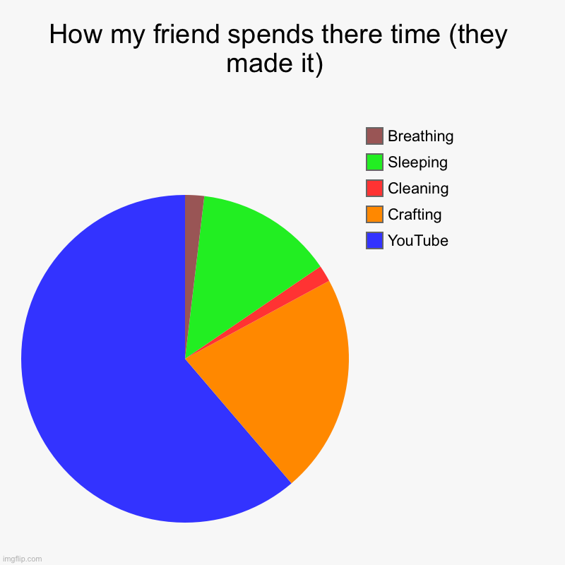 Hol' up | How my friend spends there time (they made it)  | YouTube , Crafting, Cleaning, Sleeping , Breathing | image tagged in charts,pie charts | made w/ Imgflip chart maker