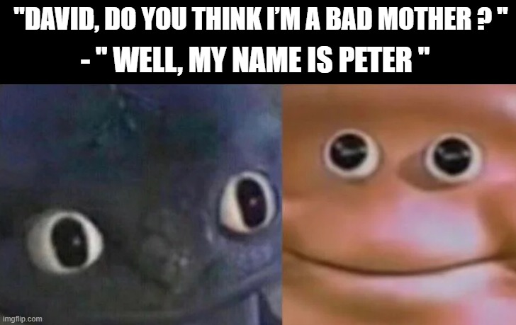 ... | "DAVID, DO YOU THINK I’M A BAD MOTHER ? "; - " WELL, MY NAME IS PETER " | image tagged in awkward realization two faces | made w/ Imgflip meme maker
