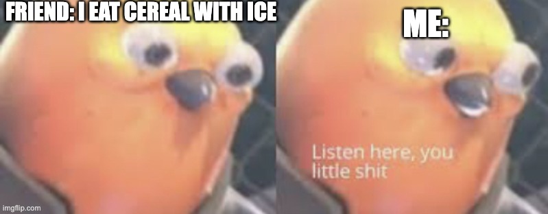 true true true | FRIEND: I EAT CEREAL WITH ICE; ME: | image tagged in listen here you little shit bird | made w/ Imgflip meme maker