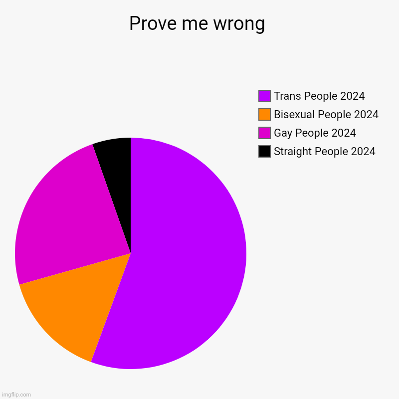 Prove me wrong | Prove me wrong | Straight People 2024, Gay People 2024, Bisexual People 2024, Trans People 2024 | image tagged in charts,pie charts,lgbtq | made w/ Imgflip chart maker