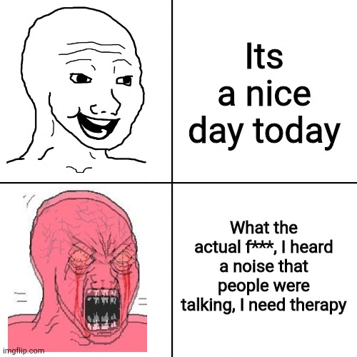 Me when i have misophonia | Its a nice day today; What the actual f***, I heard a noise that people were talking, I need therapy | image tagged in happy vs angry wojak | made w/ Imgflip meme maker