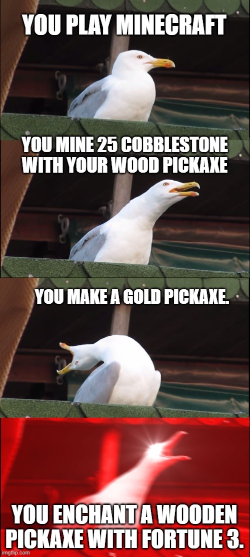 Inhaling Seagull | YOU PLAY MINECRAFT; YOU MINE 25 COBBLESTONE WITH YOUR WOOD PICKAXE; YOU MAKE A GOLD PICKAXE. YOU ENCHANT A WOODEN PICKAXE WITH FORTUNE 3. | image tagged in memes,inhaling seagull | made w/ Imgflip meme maker