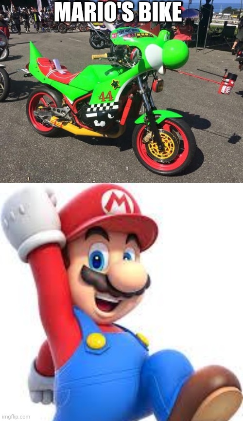 Just don't jump off it | MARIO'S BIKE | image tagged in mario,yoshi,motorcycle,bike | made w/ Imgflip meme maker