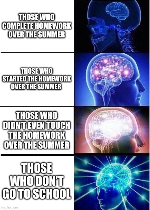 Do I speak the truth??? | THOSE WHO COMPLETE HOMEWORK OVER THE SUMMER; THOSE WHO STARTED THE HOMEWORK OVER THE SUMMER; THOSE WHO DIDN’T EVEN TOUCH THE HOMEWORK OVER THE SUMMER; THOSE WHO DON’T GO TO SCHOOL | image tagged in memes,expanding brain,homework,school,big brain | made w/ Imgflip meme maker