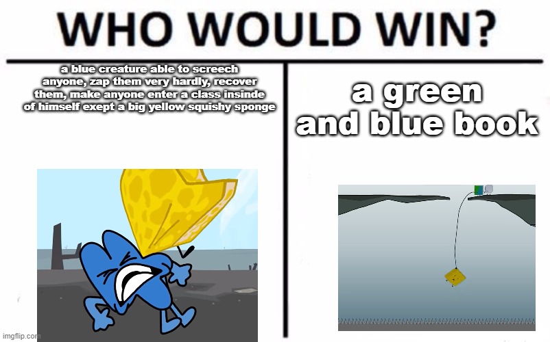 what | a blue creature able to screech anyone, zap them very hardly, recover them, make anyone enter a class insinde of himself exept a big yellow squishy sponge; a green and blue book | image tagged in memes,who would win | made w/ Imgflip meme maker