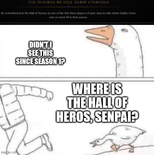 Goose Chase | DIDN'T I SEE THIS SINCE SEASON 1? WHERE IS THE HALL OF HEROS, SENPAI? | image tagged in goose chase,ProjectDiablo2 | made w/ Imgflip meme maker