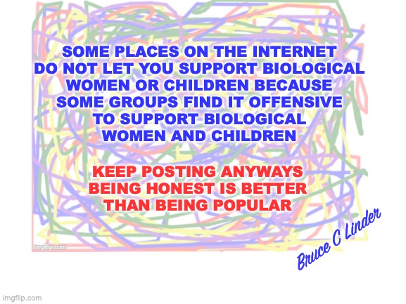 Bullies gotta Bully | SOME PLACES ON THE INTERNET
DO NOT LET YOU SUPPORT BIOLOGICAL
WOMEN OR CHILDREN BECAUSE
SOME GROUPS FIND IT OFFENSIVE
TO SUPPORT BIOLOGICAL
WOMEN AND CHILDREN; KEEP POSTING ANYWAYS
BEING HONEST IS BETTER
THAN BEING POPULAR; Bruce C Linder | image tagged in bullies,blocking,keep keeping on,stand,honesty,no fear | made w/ Imgflip meme maker
