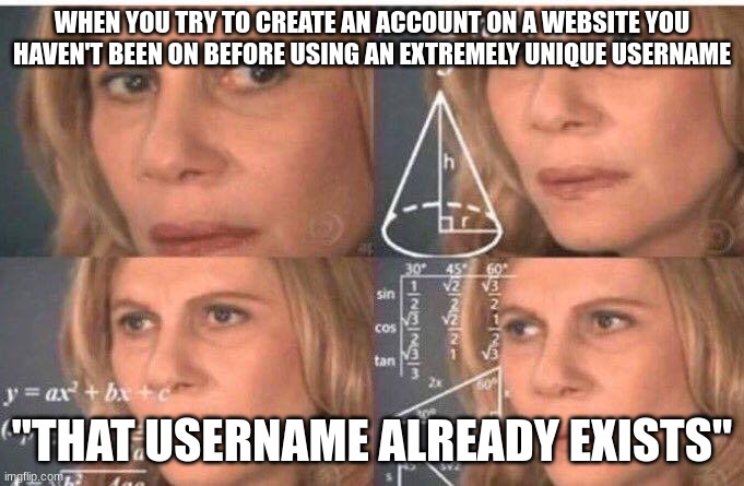 Username confusion | WHEN YOU TRY TO CREATE AN ACCOUNT ON A WEBSITE YOU HAVEN'T BEEN ON BEFORE USING AN EXTREMELY UNIQUE USERNAME; "THAT USERNAME ALREADY EXISTS" | image tagged in math lady/confused lady | made w/ Imgflip meme maker