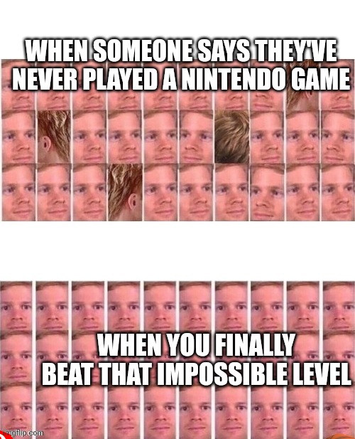 crowd stare | WHEN SOMEONE SAYS THEY'VE NEVER PLAYED A NINTENDO GAME; WHEN YOU FINALLY BEAT THAT IMPOSSIBLE LEVEL | image tagged in crowd stare | made w/ Imgflip meme maker