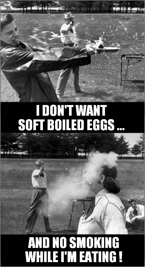 In America, The Gun Reinforces Your Demands ! | I DON'T WANT SOFT BOILED EGGS ... AND NO SMOKING WHILE I'M EATING ! | image tagged in americans,guns,trick shooting | made w/ Imgflip meme maker