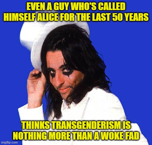 No More Mr. Nice Guy | EVEN A GUY WHO'S CALLED HIMSELF ALICE FOR THE LAST 50 YEARS; THINKS TRANSGENDERISM IS NOTHING MORE THAN A WOKE FAD | image tagged in alice cooper,democrats,woke,liberals,leftists,transgender | made w/ Imgflip meme maker