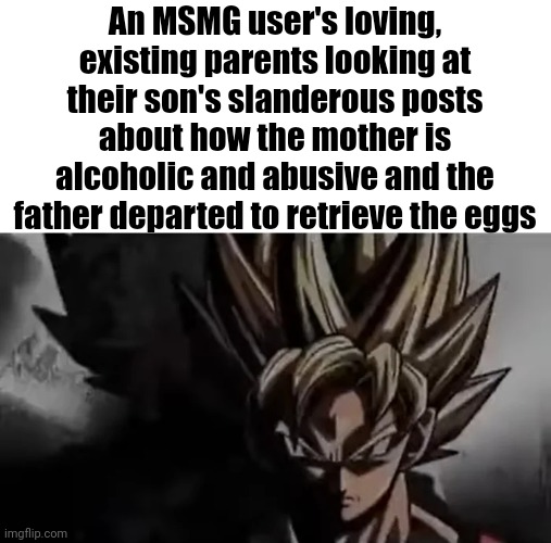 . | An MSMG user's loving, existing parents looking at their son's slanderous posts about how the mother is alcoholic and abusive and the father departed to retrieve the eggs | image tagged in goku staring | made w/ Imgflip meme maker