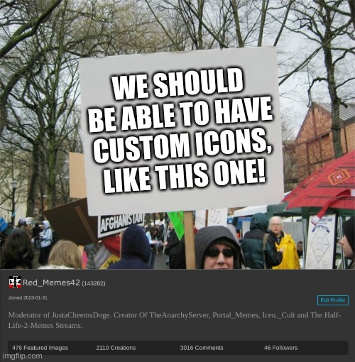 WE SHOULD BE ABLE TO HAVE CUSTOM ICONS, LIKE THIS ONE! | image tagged in blank protest sign | made w/ Imgflip meme maker