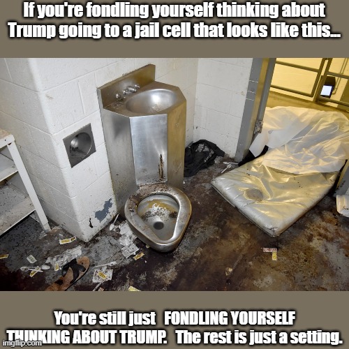 trumps cell | If you're fondling yourself thinking about Trump going to a jail cell that looks like this... You're still just   FONDLING YOURSELF THINKING ABOUT TRUMP.   The rest is just a setting. | image tagged in tds,trump derangement syndrome,trump,donald trump approves | made w/ Imgflip meme maker