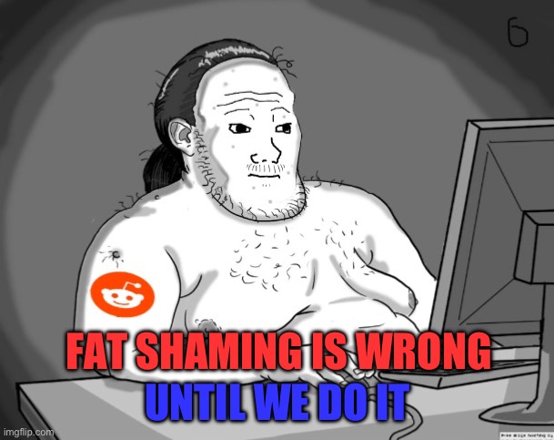 Average Redditor | UNTIL WE DO IT; FAT SHAMING IS WRONG | image tagged in average redditor | made w/ Imgflip meme maker