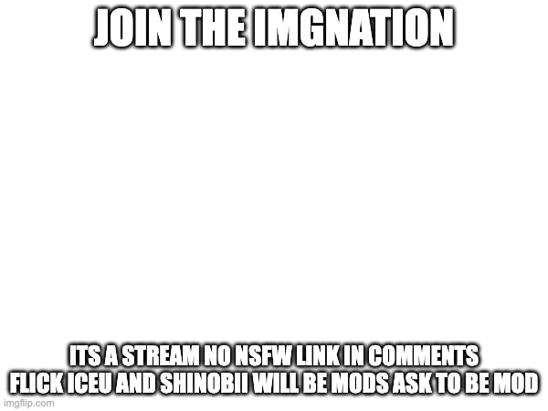 join | JOIN THE IMGNATION; ITS A STREAM NO NSFW LINK IN COMMENTS FLICK ICEU AND SHINOBII WILL BE MODS ASK TO BE MOD | image tagged in imgflip | made w/ Imgflip meme maker