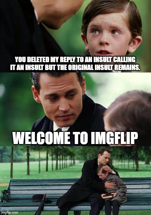 What in the wide world of sports is going on | YOU DELETED MY REPLY TO AN INSULT CALLING IT AN INSULT BUT THE ORIGINAL INSULT REMAINS. WELCOME TO IMGFLIP | image tagged in memes,finding neverland | made w/ Imgflip meme maker