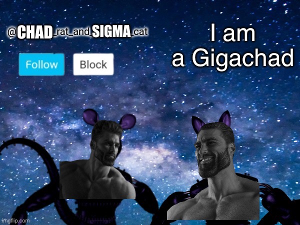 Shadow rat and cat announcement page | I am a Gigachad; CHAD; SIGMA | image tagged in shadow rat and cat announcement page | made w/ Imgflip meme maker