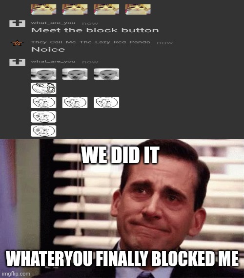 Finally... | WE DID IT; WHATERYOU FINALLY BLOCKED ME | image tagged in happy cry,memes,yo | made w/ Imgflip meme maker