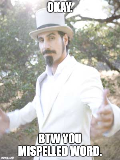 Serj Tankian | OKAY. BTW YOU MISPELLED WORD. | image tagged in serj tankian | made w/ Imgflip meme maker