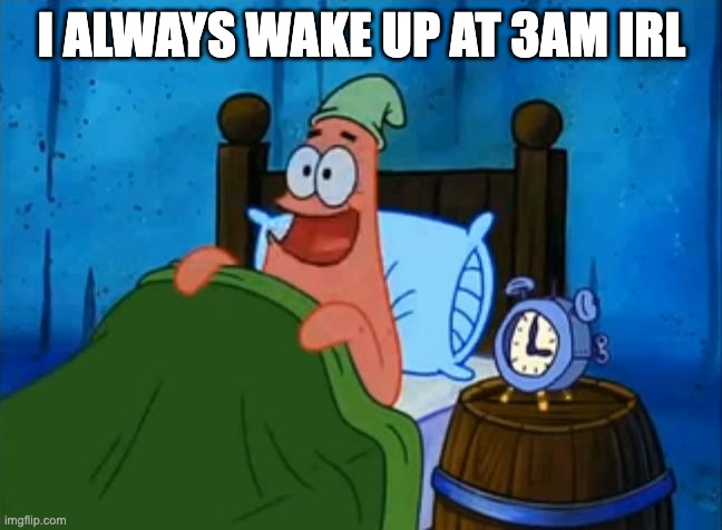 true | I ALWAYS WAKE UP AT 3AM IRL | image tagged in patrick 3am | made w/ Imgflip meme maker