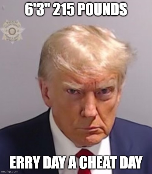 erry day cheat day | 6'3" 215 POUNDS; ERRY DAY A CHEAT DAY | image tagged in donald trump mugshot | made w/ Imgflip meme maker