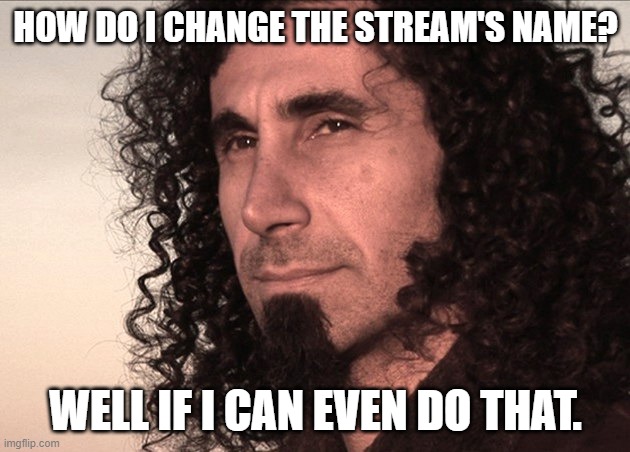 Serj thinking | HOW DO I CHANGE THE STREAM'S NAME? WELL IF I CAN EVEN DO THAT. | image tagged in serj thinking | made w/ Imgflip meme maker