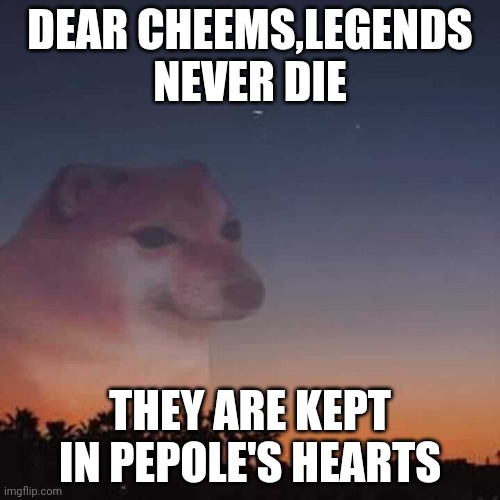 I will never forget u | DEAR CHEEMS,LEGENDS NEVER DIE; THEY ARE KEPT IN PEPOLE'S HEARTS | image tagged in en fin la hipocresia,cheems,meme | made w/ Imgflip meme maker