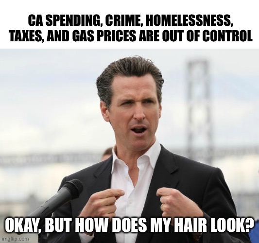 Newsom Meme | CA SPENDING, CRIME, HOMELESSNESS, TAXES, AND GAS PRICES ARE OUT OF CONTROL; OKAY, BUT HOW DOES MY HAIR LOOK? | image tagged in funny,meme,politics,gavin newsom,california | made w/ Imgflip meme maker