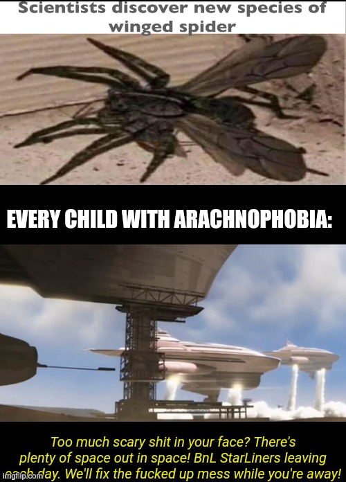 Time to leave Earth | EVERY CHILD WITH ARACHNOPHOBIA:; Too much scary shit in your face? There's plenty of space out in space! BnL StarLiners leaving each day. We'll fix the fucked up mess while you're away! | image tagged in spider,wall-e,bnl,spaceship,sci-fi | made w/ Imgflip meme maker