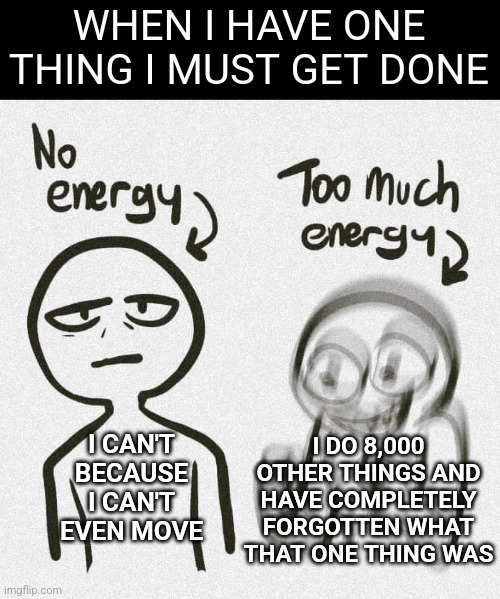 There Are Only Two Settings | WHEN I HAVE ONE THING I MUST GET DONE; I CAN'T BECAUSE I CAN'T EVEN MOVE; I DO 8,000 OTHER THINGS AND HAVE COMPLETELY FORGOTTEN WHAT THAT ONE THING WAS | image tagged in no energy too much energy,memes,focus,adhd,bipolar | made w/ Imgflip meme maker