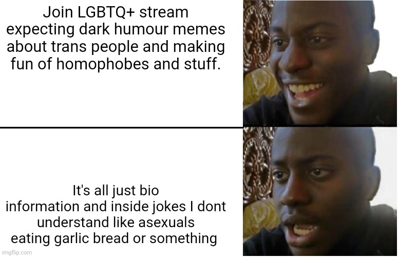 Seriously what I this sense of humour?? I don't get it bro | Join LGBTQ+ stream expecting dark humour memes about trans people and making fun of homophobes and stuff. It's all just bio information and inside jokes I dont understand like asexuals eating garlic bread or something | image tagged in disappointed black guy | made w/ Imgflip meme maker