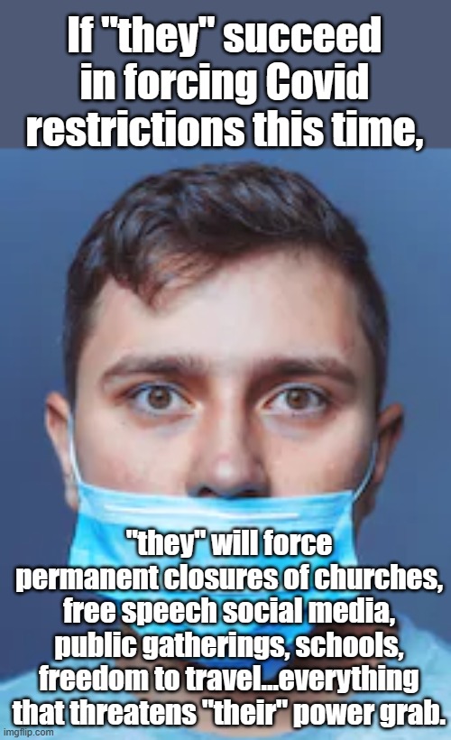 Time to get really good at saying, "No." | If "they" succeed in forcing Covid restrictions this time, "they" will force permanent closures of churches, free speech social media, public gatherings, schools, freedom to travel...everything that threatens "their" power grab. | image tagged in dumb mask | made w/ Imgflip meme maker