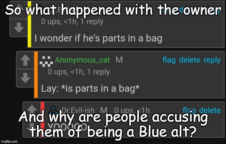 I wonder if he's parts in a bag | So what happened with the owner; And why are people accusing them of being a Blue alt? | image tagged in i wonder if he's parts in a bag | made w/ Imgflip meme maker