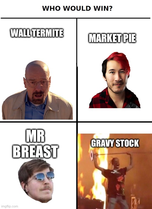 MARKET PIE; WALL TERMITE; MR BREAST; GRAVY STOCK | image tagged in who would win,blank white template | made w/ Imgflip meme maker