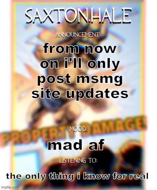 SAXTONNN HALEEEEE (thanks .medic.) | from now on i'll only post msmg site updates; mad af; the only thing i know for real | image tagged in saxtonnn haleeeee thanks medic | made w/ Imgflip meme maker