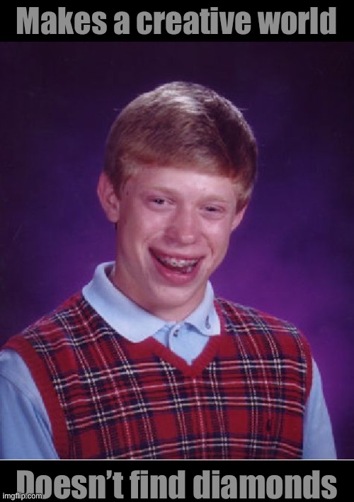 Bad Luck Brian Meme | Makes a creative world; Doesn’t find diamonds | image tagged in memes,bad luck brian | made w/ Imgflip meme maker