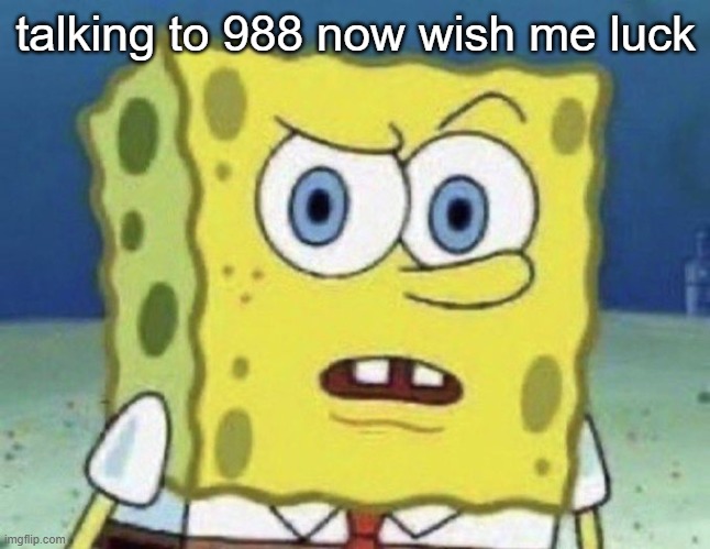 confused spongebob | talking to 988 now wish me luck | image tagged in confused spongebob | made w/ Imgflip meme maker