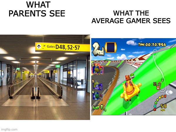 this is sooo relatable and accurate | WHAT PARENTS SEE; WHAT THE AVERAGE GAMER SEES | image tagged in funny,relatable memes,gaming,mario kart,dash tracks and airport trim mills,accurate | made w/ Imgflip meme maker